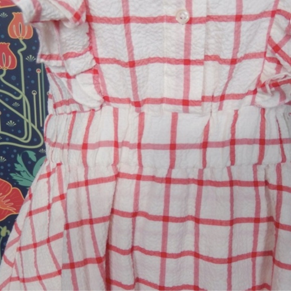 The Shirt Rochelle Behrens Stella Red Cream Seersucker Ruffle Yoke Mini Dress M - Picture 6 of 8